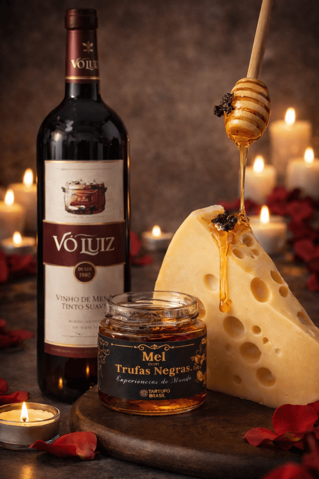 KIT QUEIJO EMMENTAL PREMIUM + VINHO SELECIONADO + MEL TRUFADO
